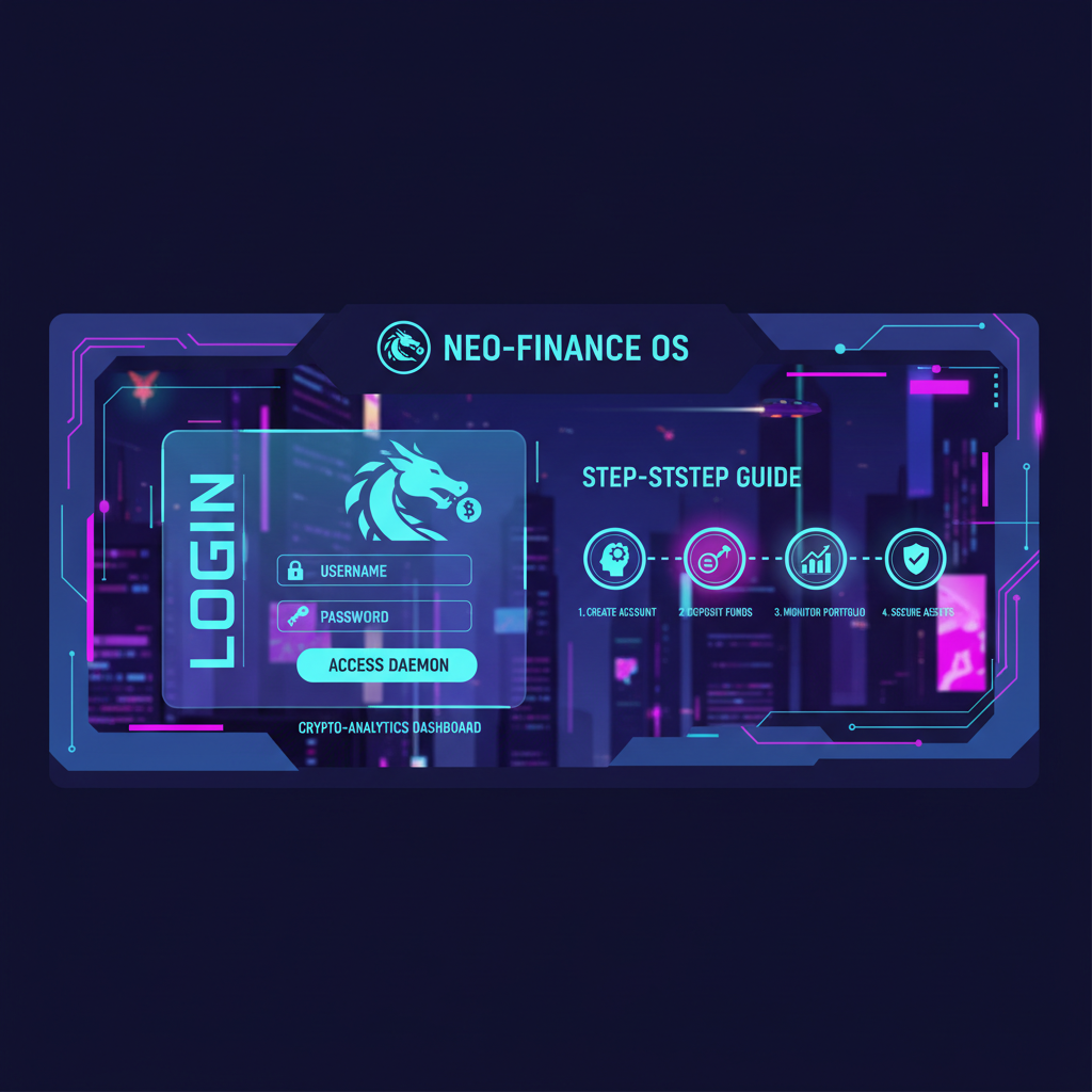 cyberpunk login screen for crypto monitoring dashboard, neon blues and purples, futuristic UI