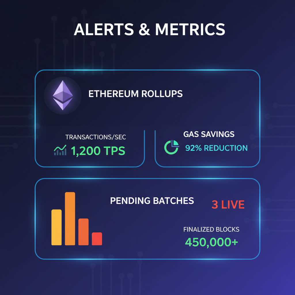 sleek web dashboard alerts section, ethereum rollups metrics glowing, dark mode high-tech