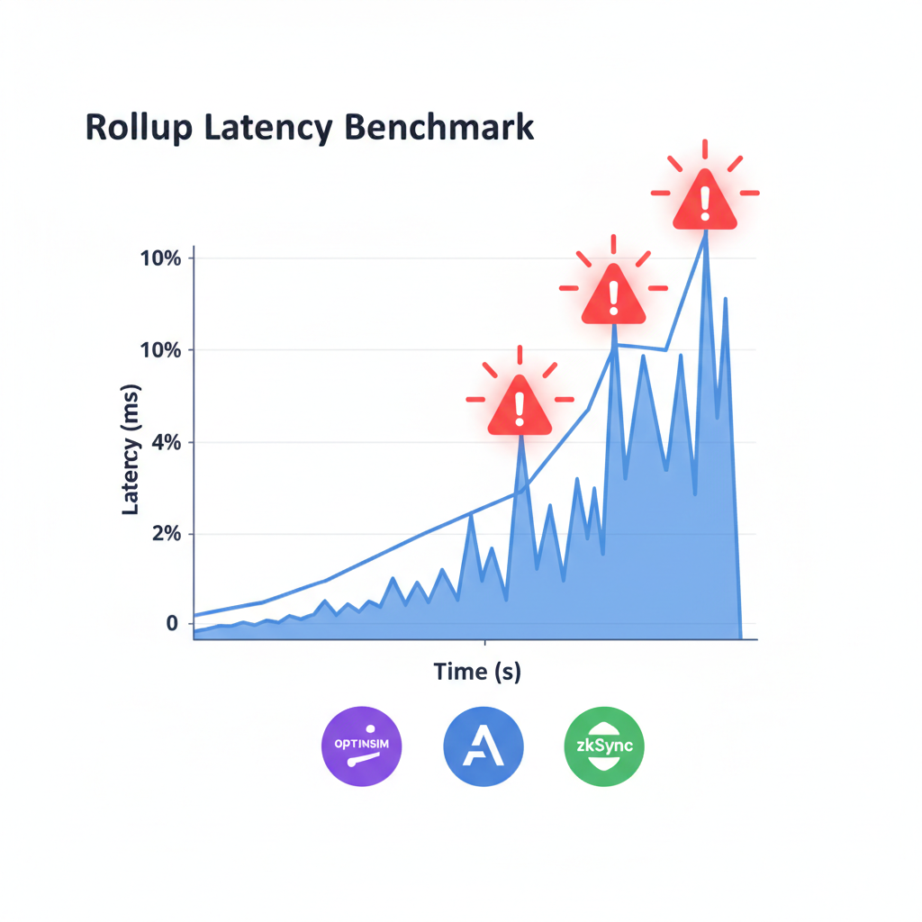 graph spiking latency benchmark chart, red alerts flashing, ethereum rollup icons