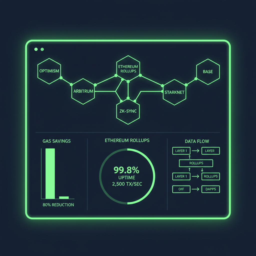live monitoring dashboard with green metrics, ethereum rollups interconnected, neon glow