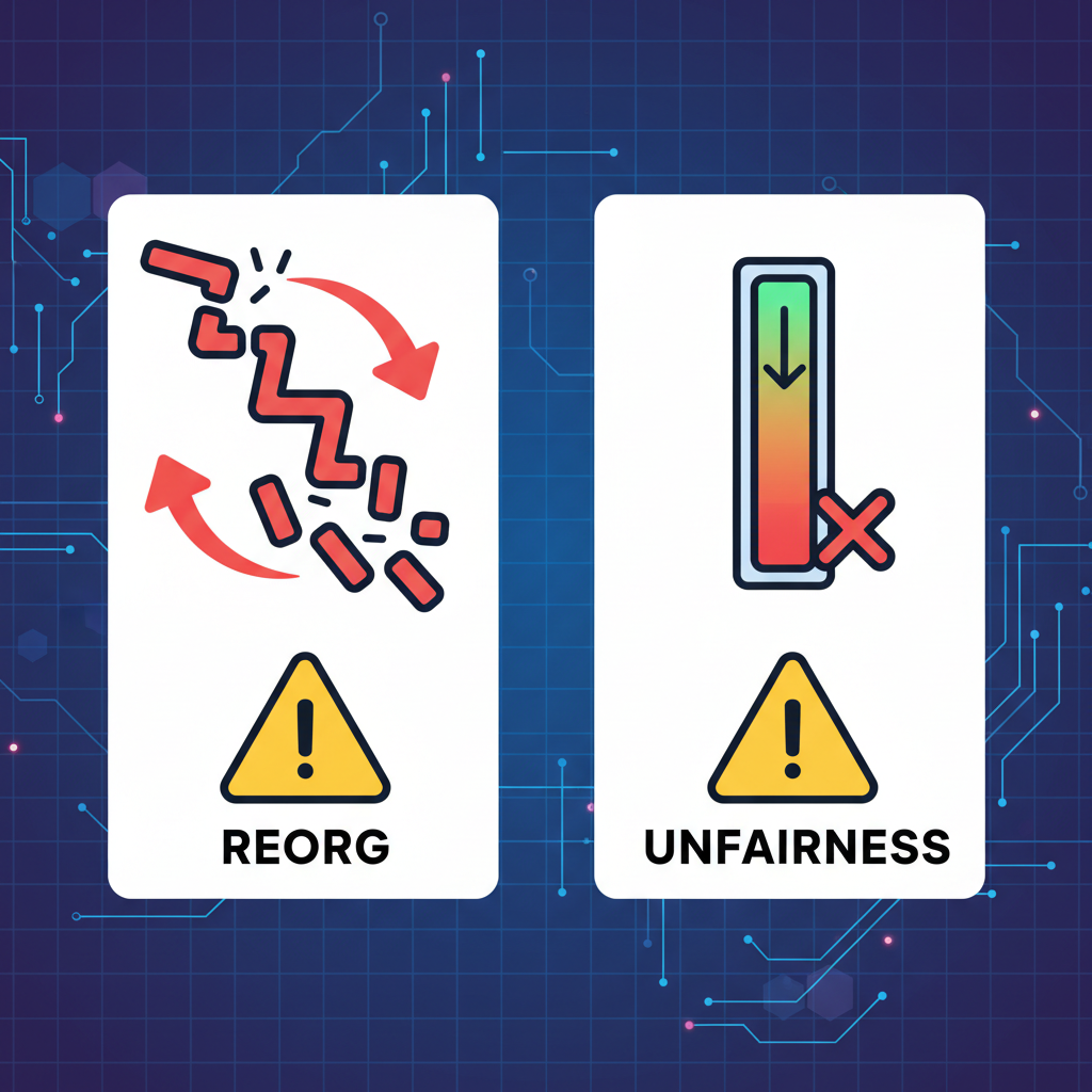 warning icons for blockchain reorgs and fairness meter dropping, cyber grid background