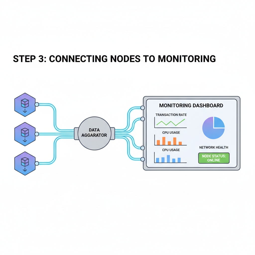 connecting blockchain nodes to monitoring dashboard, wires linking endpoints, tech schematic