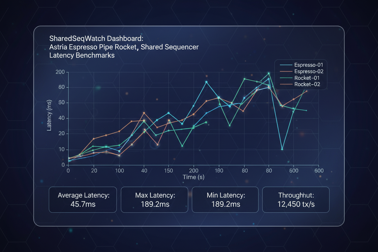 Dashboard screenshot from SharedSeqWatch.com showing 2026 shared sequencer latency benchmarks comparing Astria, Espresso Systems, and Pipe Rocket performance metrics for Ethereum rollups