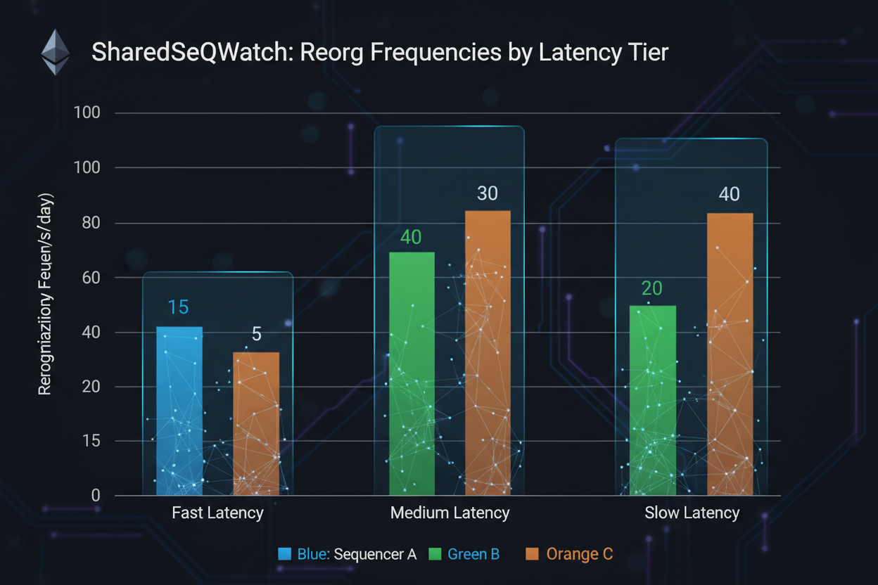 SharedSeqWatch.com chart comparing reorg frequencies across Fast (<100ms), Medium (100-500ms), and Slow (>500ms) latency tiers for Ethereum shared sequencers, showing benchmarks and fairness tradeoffs
