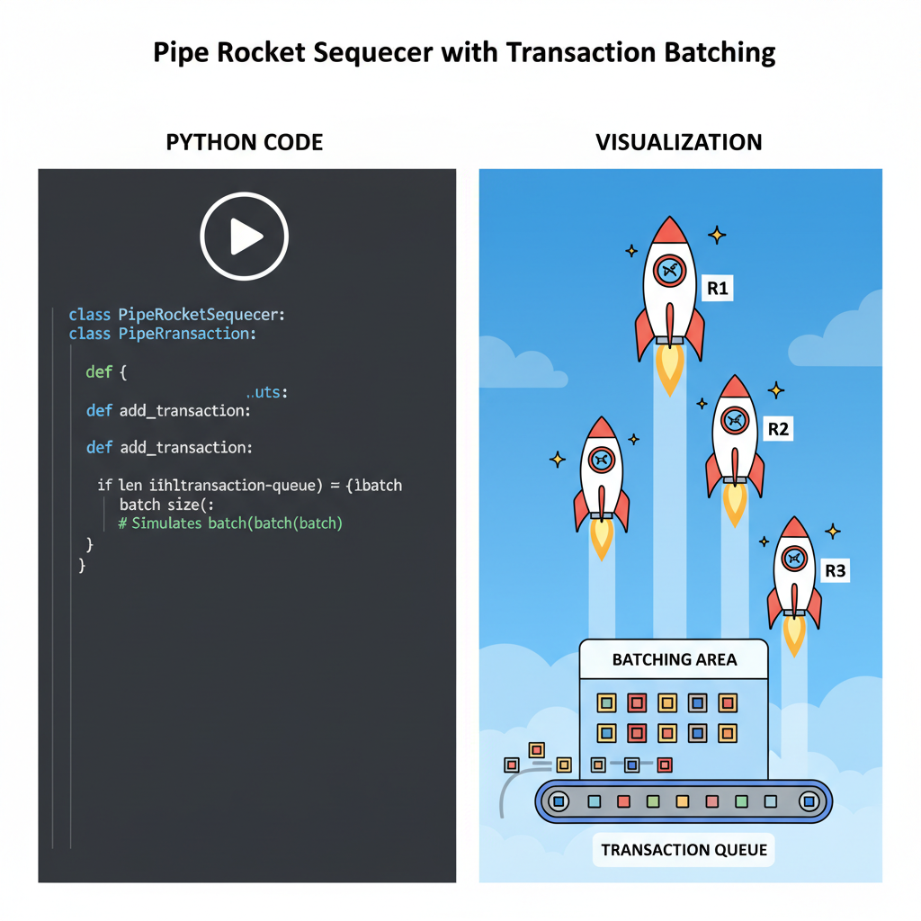 Python code deploying Pipe Rocket sequencer with transaction batching visualization rockets blasting off